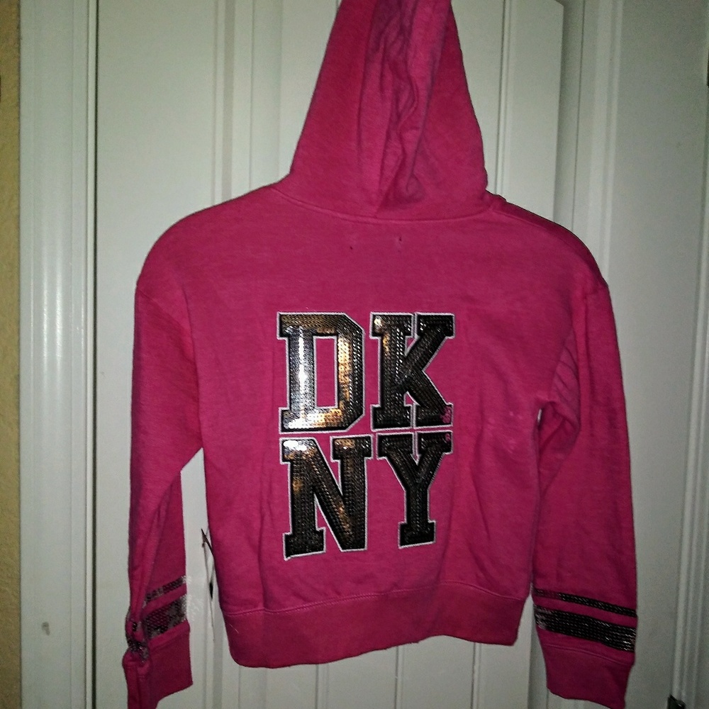 🌈 NEW DKNY Hoodie Zip Up Huge Spellout Logos Sequins Hot Pink Girl's 6